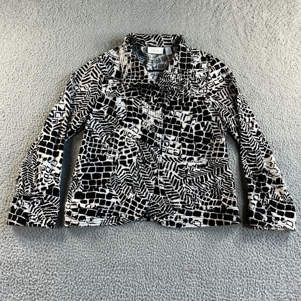 NEW Chico's Jacket Womens Medium 1 Black White Coat Geometric Preppy Casual Boho